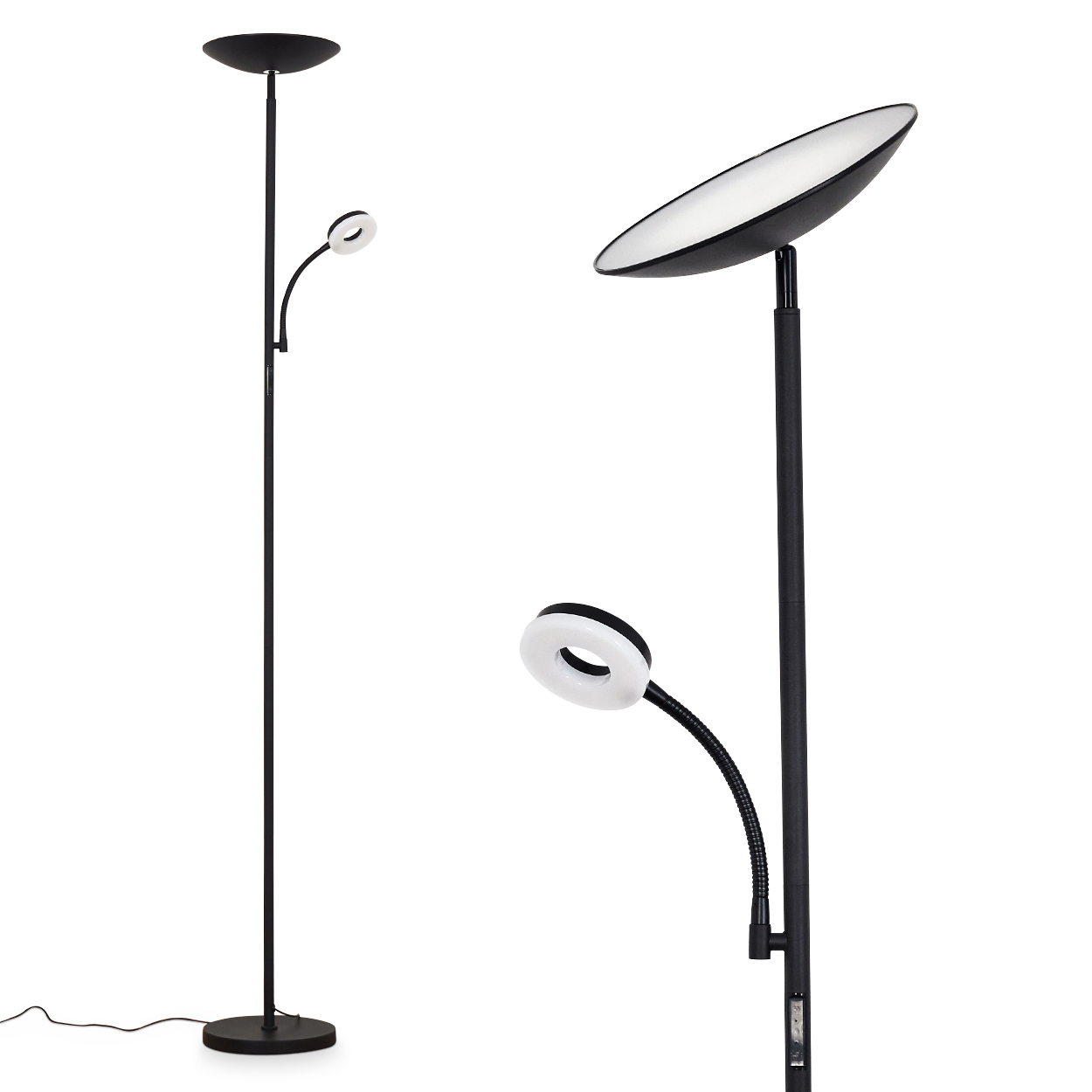 Eine schwarze Stehlampe mit zwei Lichtquellen: einer großen Scheibe und einem kleinen Ring. Der Hintergrund ist weiß.