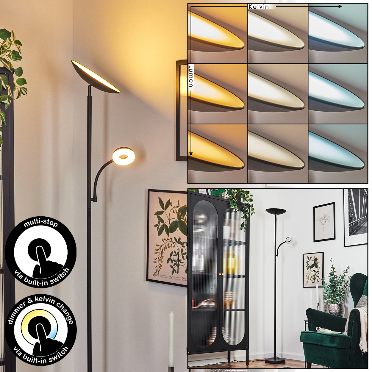 Eine moderne schwarze Stehlampe mit verstellbaren Leuchtenköpfen. Sie verfügt über eine Dimm- und Kelvin-Änderungsfunktion. Der Hintergrund zeigt eine Raumeinstellung.