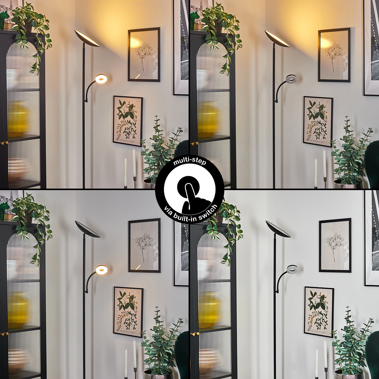 Ein modernes Wohnzimmer mit schwarzer Stehlampe, Kunstdrucken, Pflanzen und einem schwarzen Schrank. Die Lampe hat zwei Helligkeitsstufen.