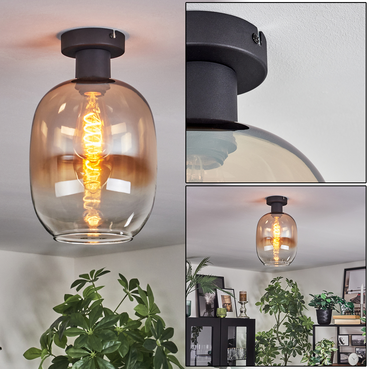 Deckenlampe mit braunem Lampenschirm. Die Glühbirne ist sichtbar, und der Raum hat Pflanzen und andere dekorative Gegenstände.