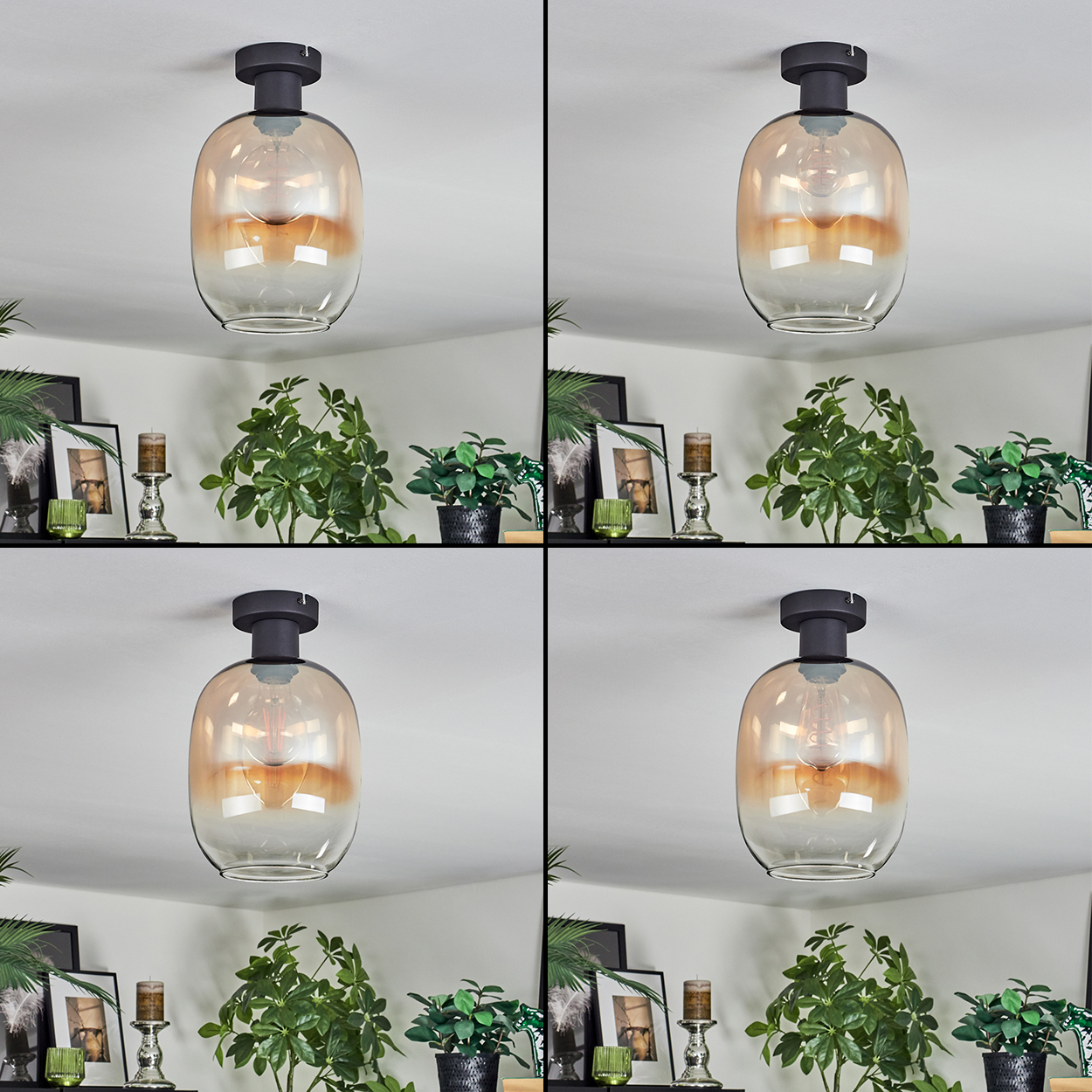Gezeigt werden vier Deckenlampen mit bernsteinfarbenen Glasschirmen. Darunter befinden sich Pflanzen, Kerzen und gerahmte Bilder.