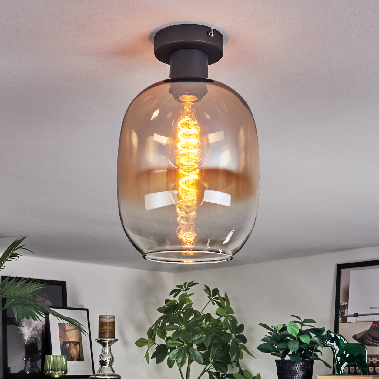 Eine moderne Deckenlampe mit braunem Sockel und Glasschirm. Im Inneren befindet sich eine leuchtende Wendelglühbirne. Pflanzen und Bilder sind unten.