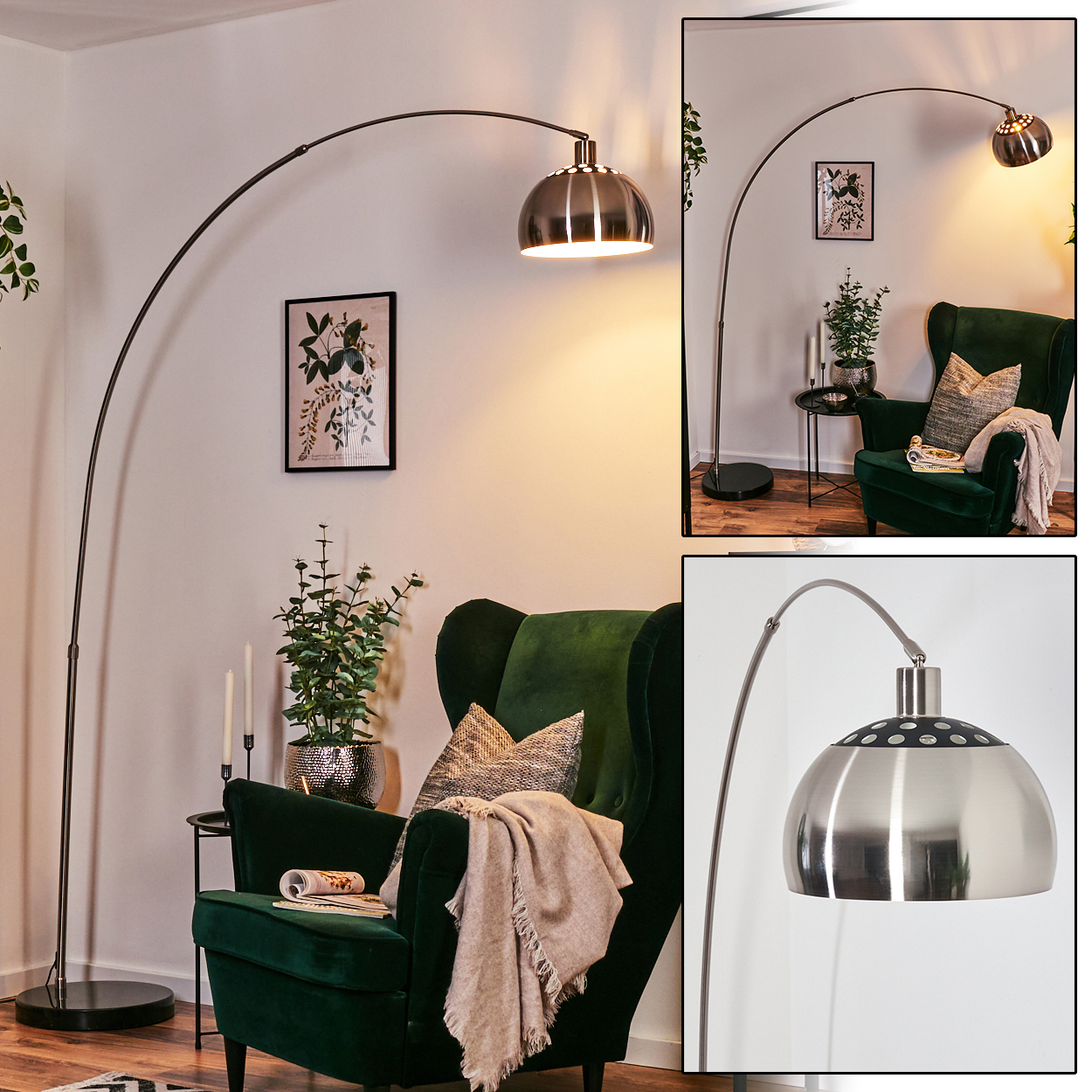 Ein modernes Wohnzimmer mit grünem Sessel, Stehlampe und Bild an der Wand. Auf dem Stuhl liegen eine Decke und ein Kissen.