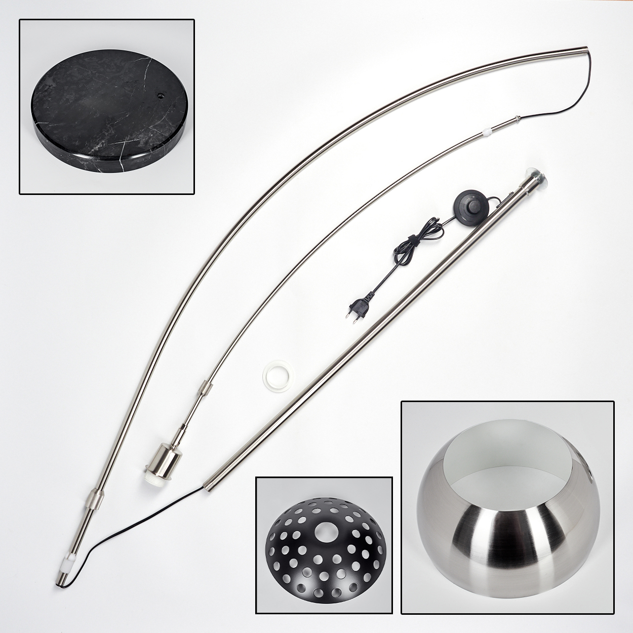 Zerlegte Bogenlampenteile: Sockel, gebogene Metallarme, Schirm, perforierte Kuppel und Leuchtenkomponenten. Weißer Hintergrund.