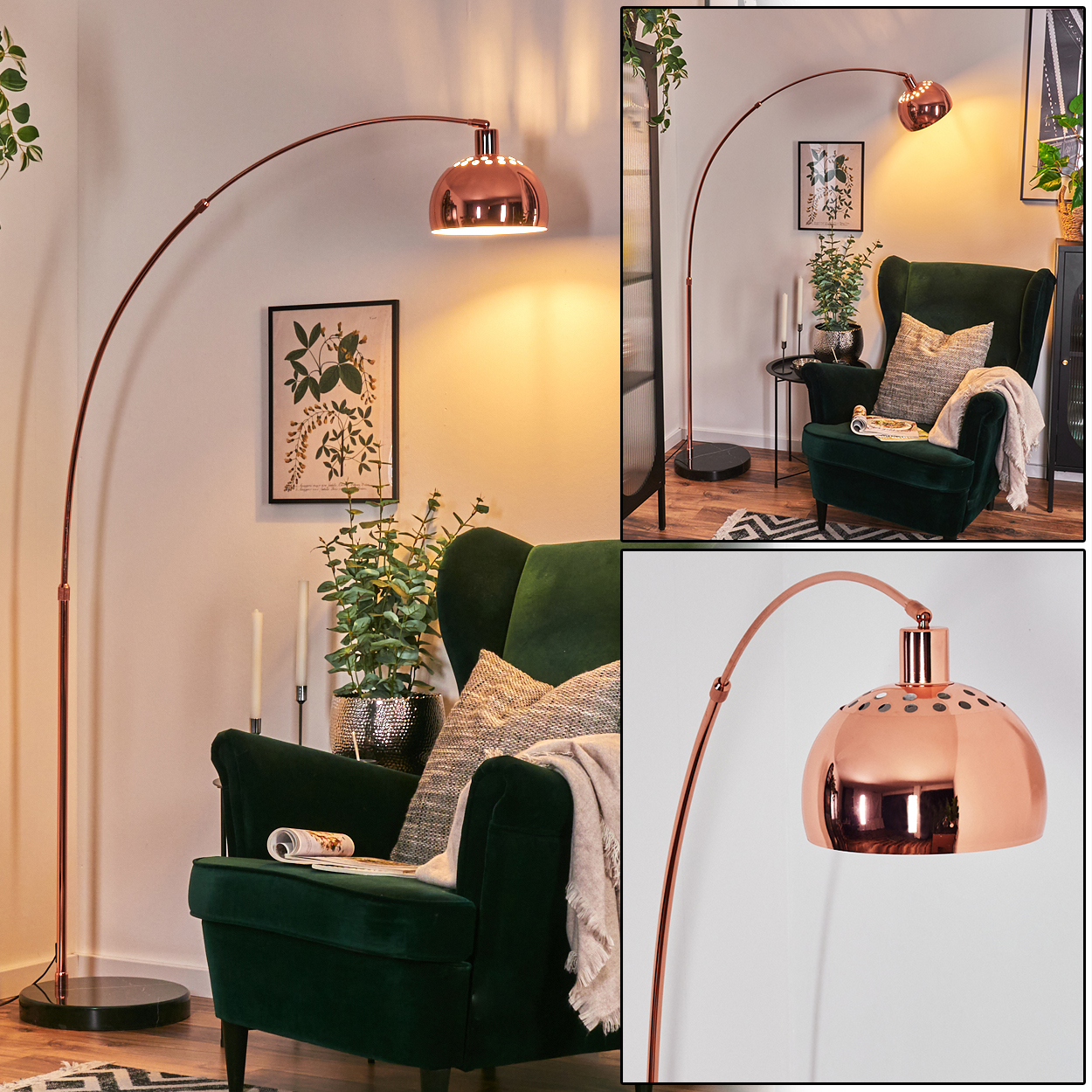 Eine kupferfarbene Stehlampe wölbt sich über einem grünen Sessel. Ein botanischer Druck hängt an der Wand, mit Silbertopf und Kerzen.