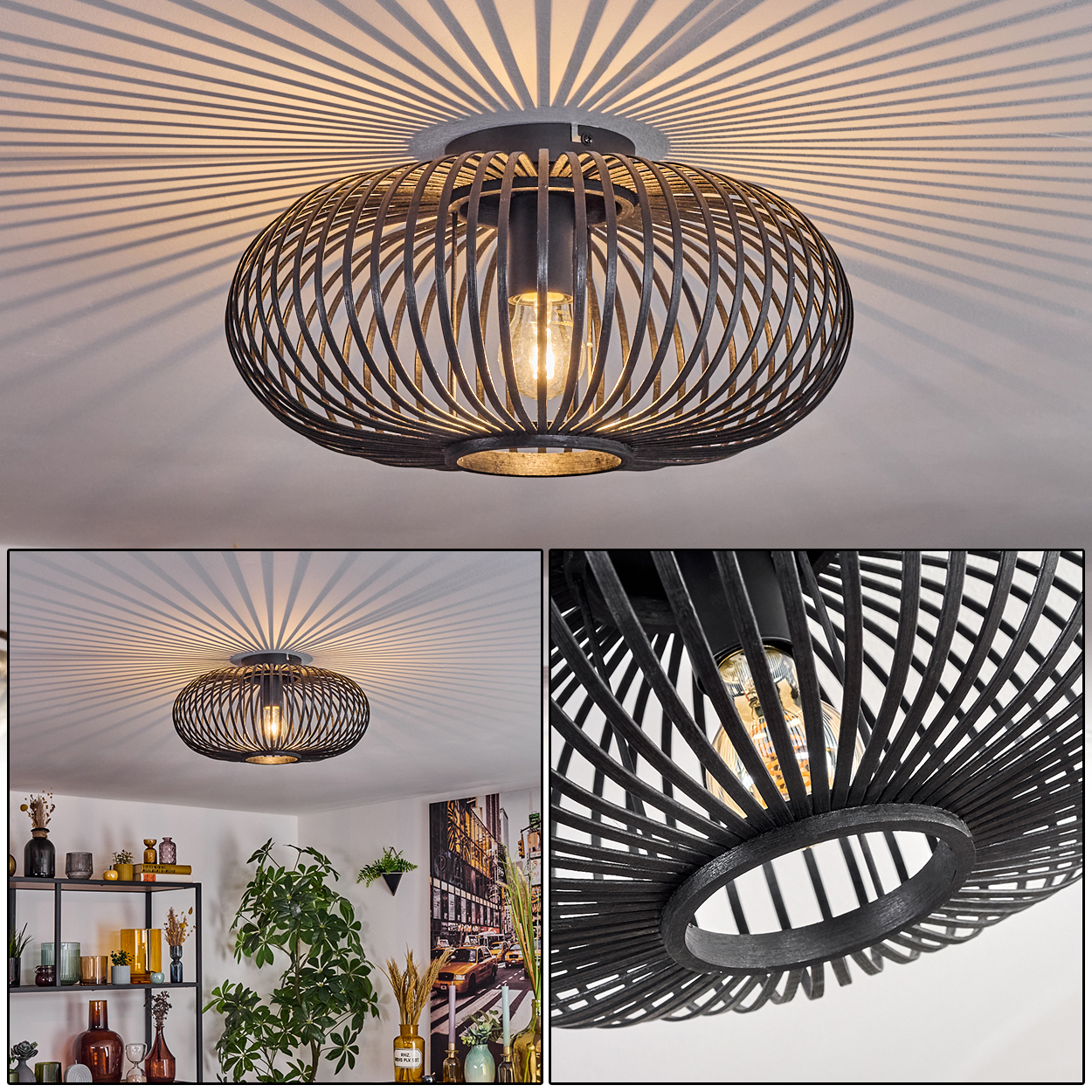 Eine schwarze, käfigartige Deckenlampe mit sichtbarer Glühbirne. Die Lampe wirft einen radialen Schatten auf die weiße Decke. Der Raum ist unten sichtbar.