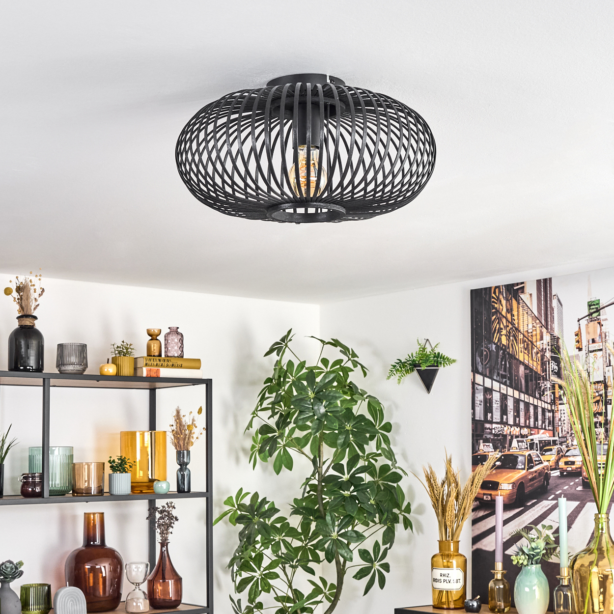 Ein modernes Wohnzimmer mit schwarzer Deckenlampe. Regale mit Vasen und Pflanzen. Eine große Pflanze in der Mitte und ein Bild rechts.