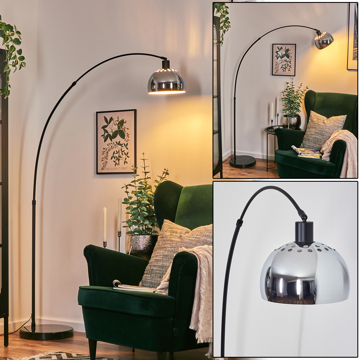 Ein modernes Wohnzimmer mit grünem Sessel, schwarzer Bogenlampe und gerahmten botanischen Drucken an der Wand.