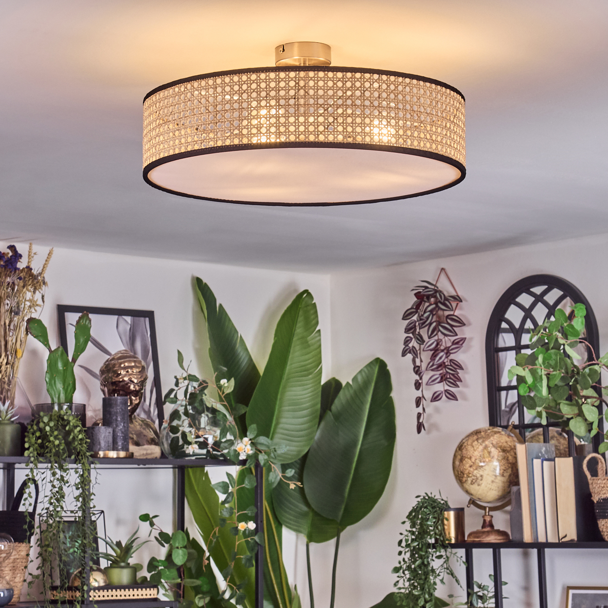 Eine dekorative Deckenlampe mit gewebtem Schirm ist zentriert. Regale zeigen Pflanzen und Dekoration. Große grüne Blätter und ein Globus sind sichtbar.