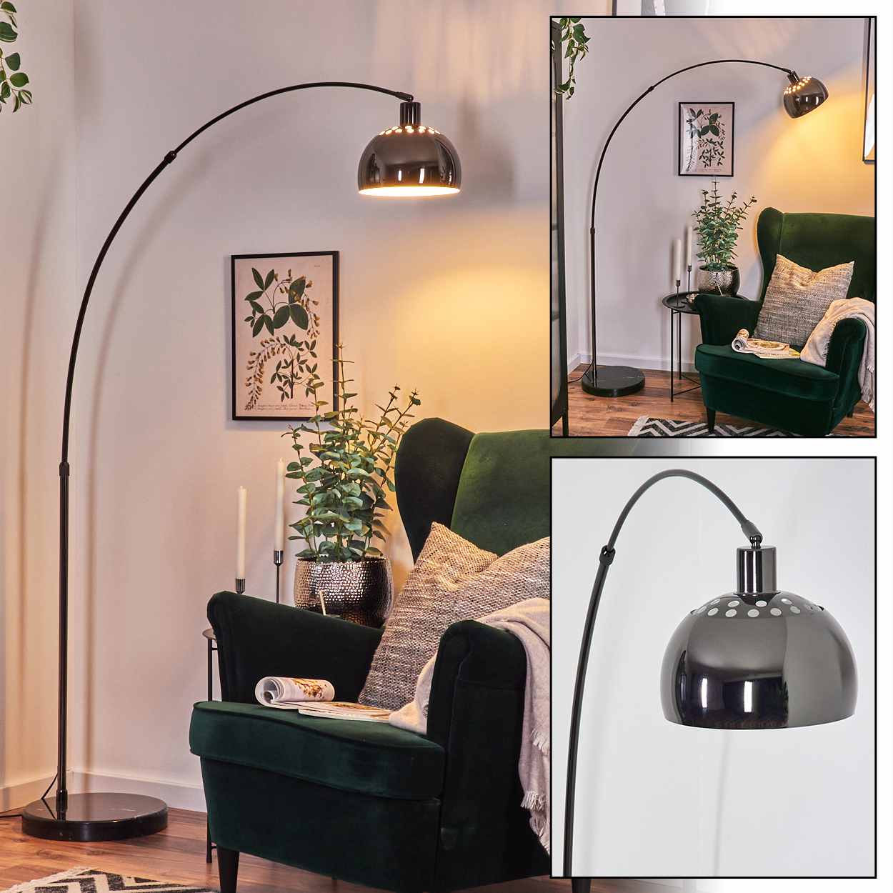 Ein modernes Wohnzimmer mit schwarzer Bogen-Stehlampe, grünem Samt-Sessel, Pflanzen und einem botanischen Druck an der Wand.