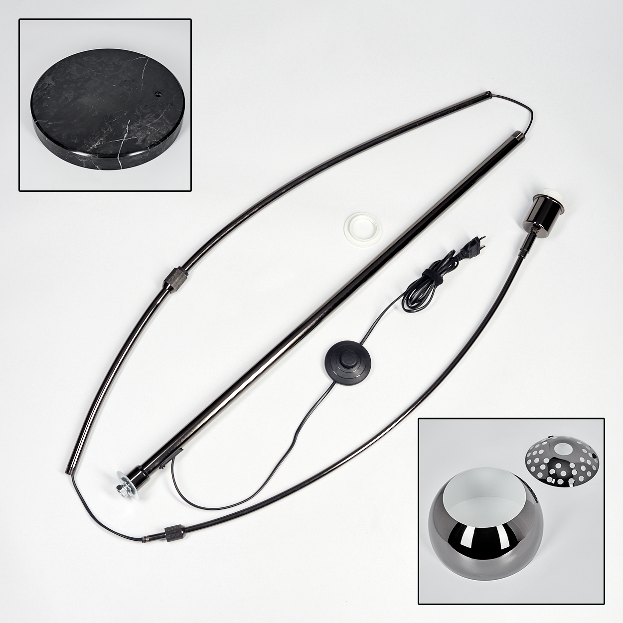 Zerlegte schwarze Stehlampe. Enthält Sockel, gebogene Stange, gerade Stange, Lampenkopf, Schirm und Fußschalter. Weißer Hintergrund.
