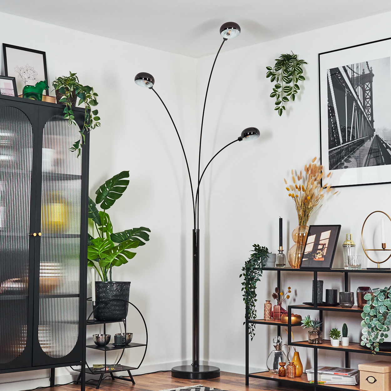 Ein Zimmer mit schwarzer Stehlampe, Pflanzen, schwarzem Schrank und einem gerahmten Brückenbild.