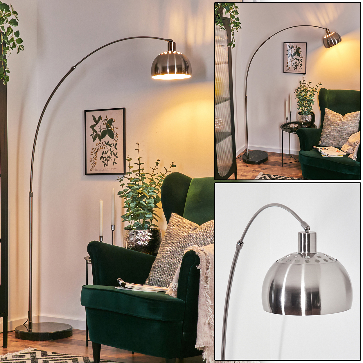 Ein modernes Wohnzimmer mit einem grünen Samtsessel, einer Stehlampe und einem botanischen Druck an der Wand.