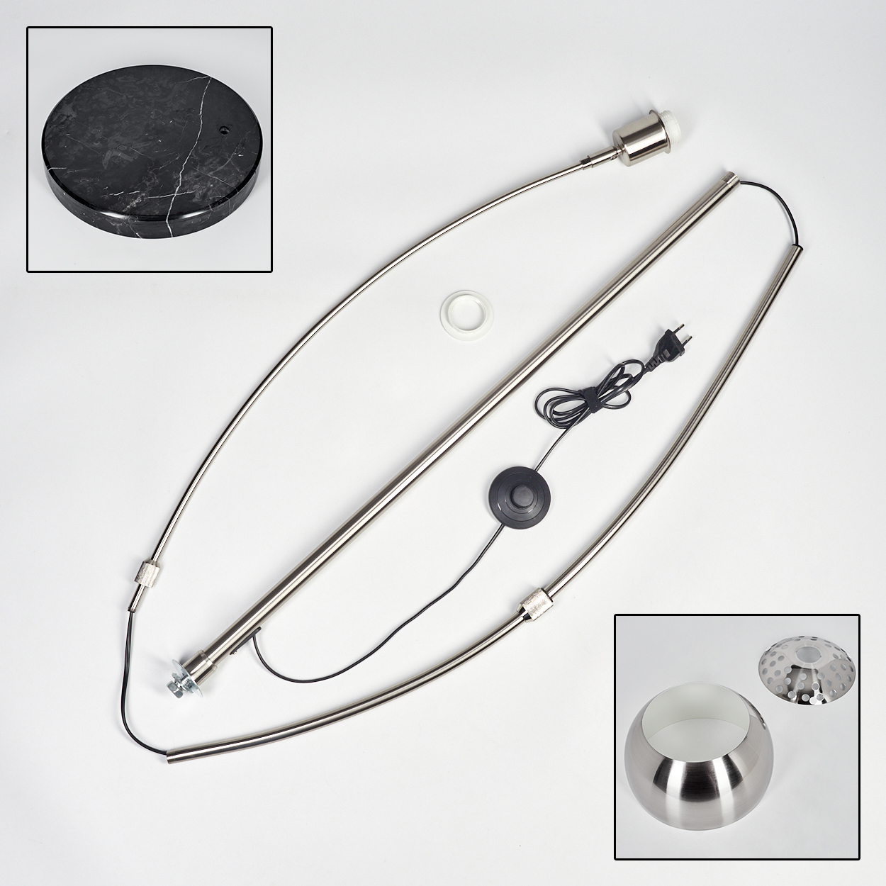 Zerlegte Teile einer modernen Stehlampe. Enthält Sockel, Metallrahmen, Schirm und elektrische Komponenten, alles auf weißem Grund.