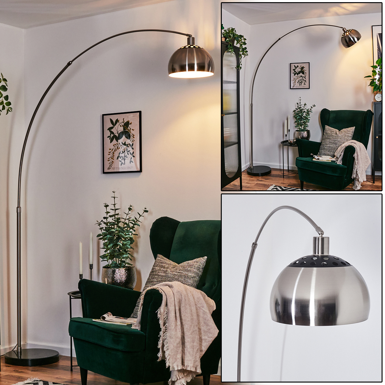 Ein modernes Wohnzimmer mit einer Bogenstehlampe, einem grünen Sessel und Zierpflanzen. Eine gemütliche Decke und ein Kissen liegen auf dem Stuhl.