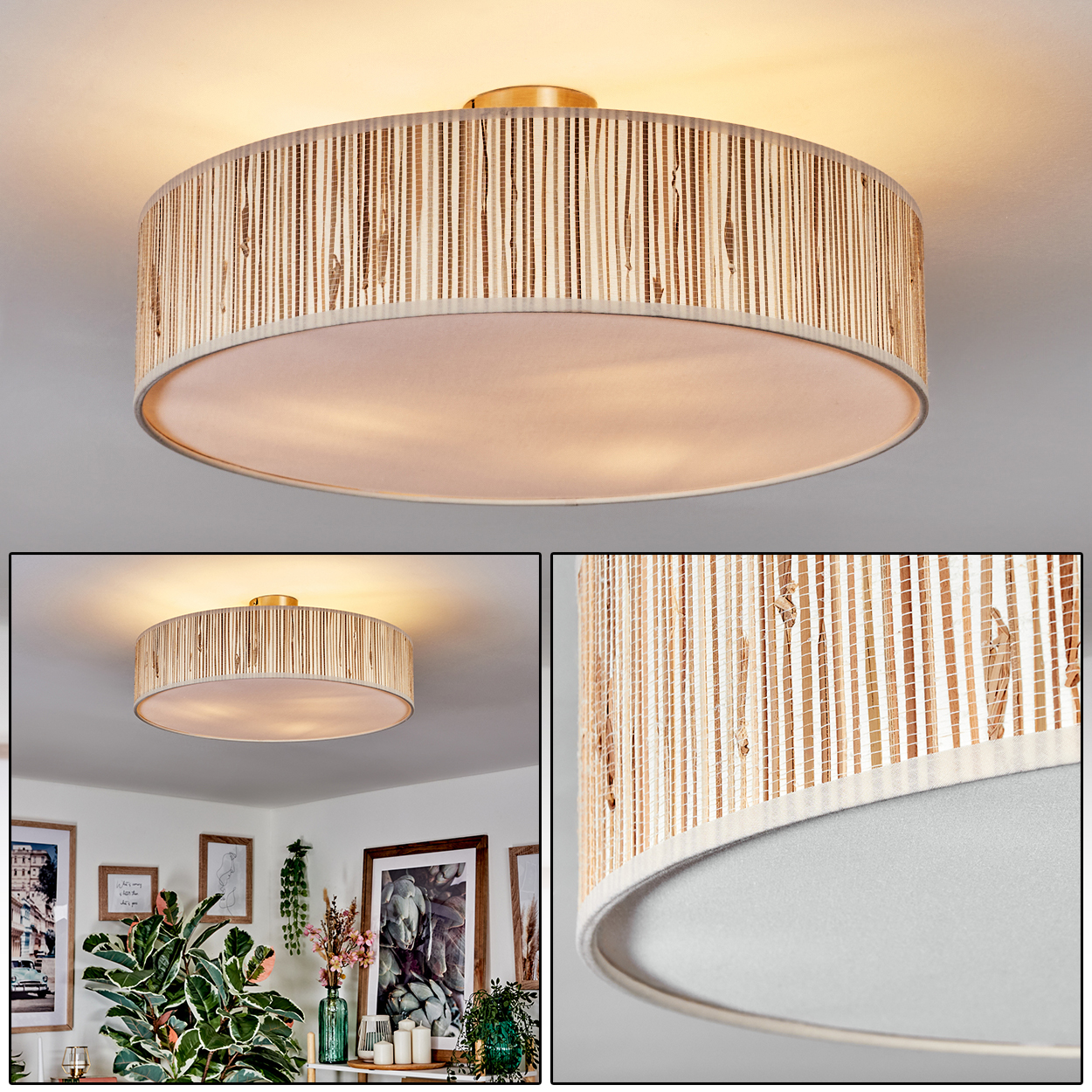 Eine runde Deckenleuchte mit bambusähnlichem Schirm ist an einer weißen Decke befestigt. Das Licht beleuchtet den Raum darunter.