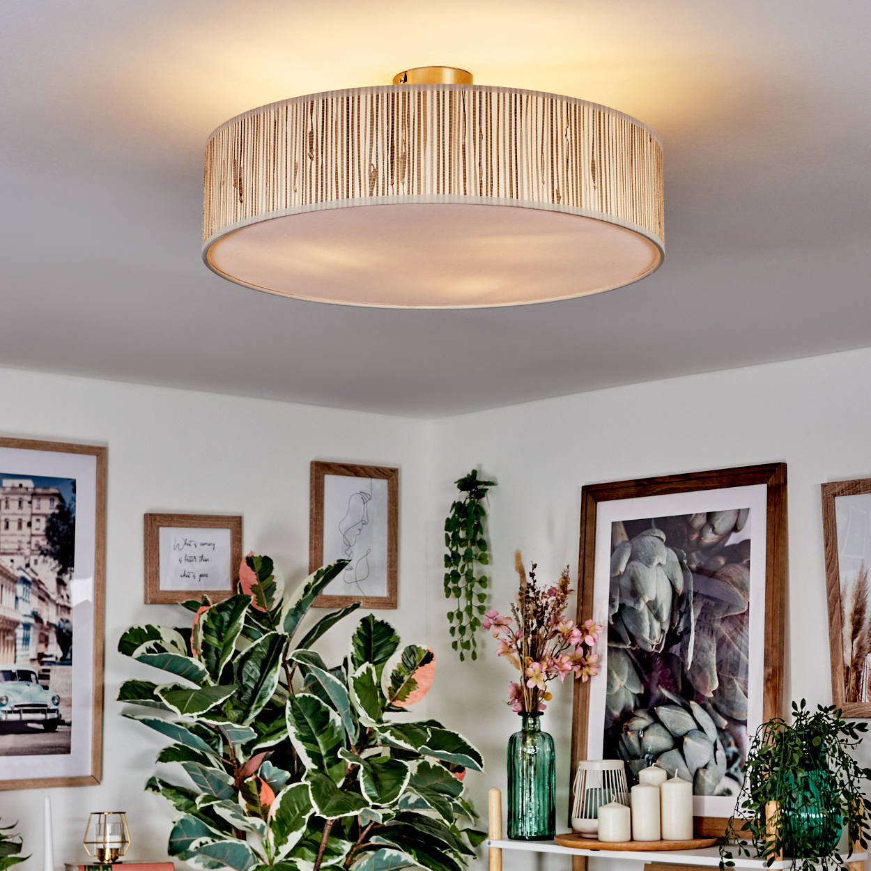 Ein modernes Zimmer mit Deckenleuchte. An der Wand befinden sich gerahmte Bilder und im Vordergrund Pflanzen, die eine gemütliche Atmosphäre schaffen.