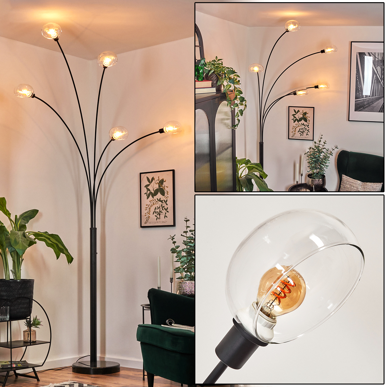 Eine moderne Stehlampe mit fünf Glühbirnen. Der Raum hat Pflanzen, einen grünen Sessel und Kunstwerke. Die Lampe ist schwarz.