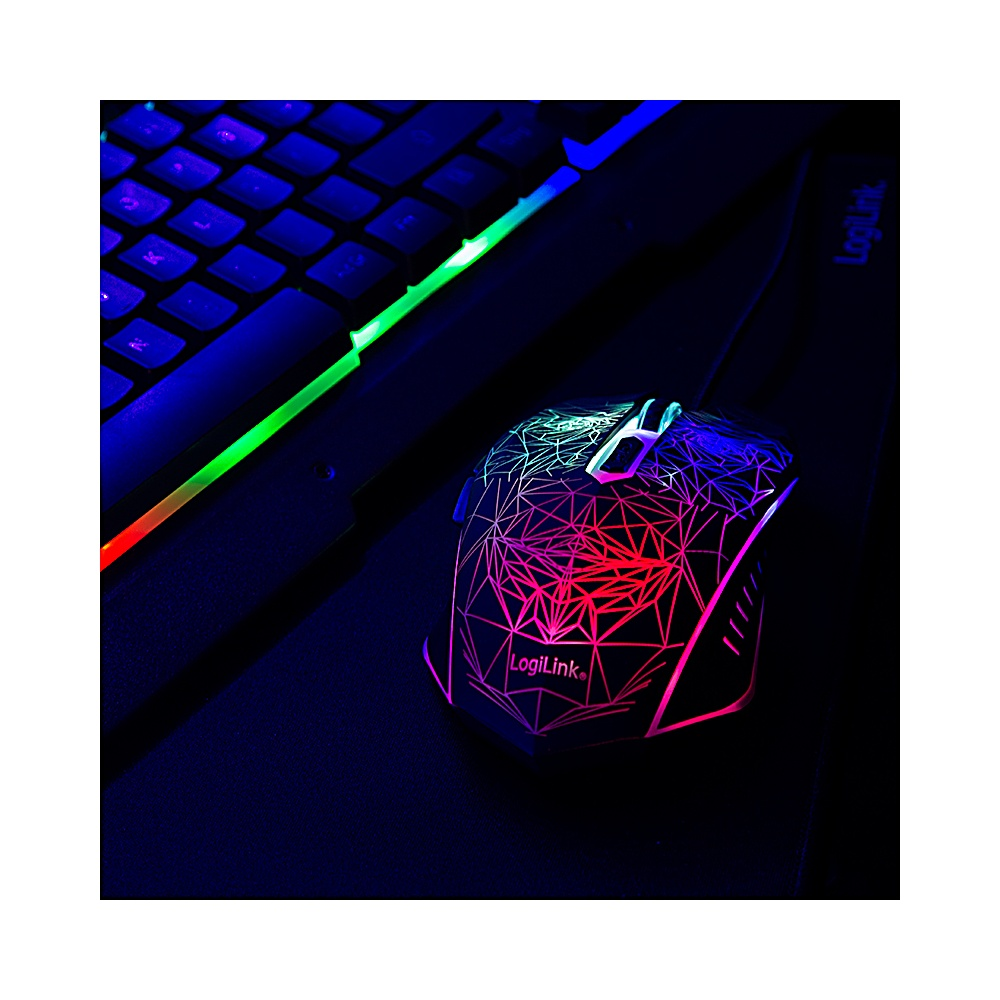 Un mouse LogiLink luminoso è accanto a una tastiera. Il mouse ha un motivo geometrico e la tastiera luci colorate.