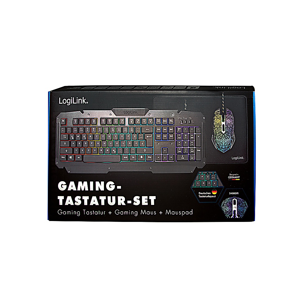 Un set di tastiera e mouse da gaming è esposto in una scatola. La tastiera ha luci colorate e il mouse ha un design geometrico.