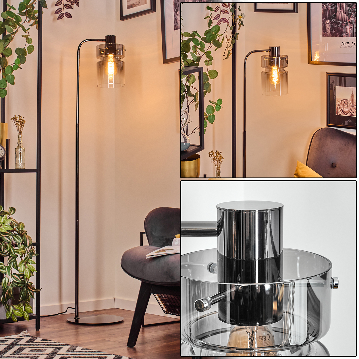 Eine moderne Stehlampe mit Glasschirm leuchtet, mit einem Stuhl und dekorativen Pflanzen. Wandkunst ist im Hintergrund sichtbar.