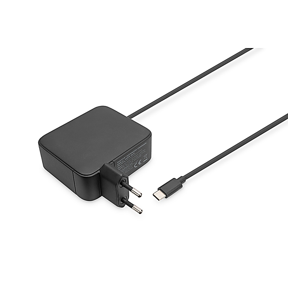 Un caricabatterie nero per laptop con spina e cavo USB-C. Lo sfondo è bianco.
