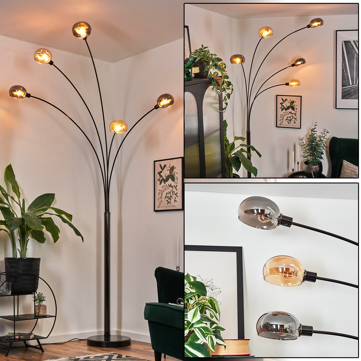 Eine moderne Stehlampe mit mehreren Kugelleuchten. Die Szene umfasst Pflanzen, einen grünen Sessel und Kunstwerke, alles in einem Raum.