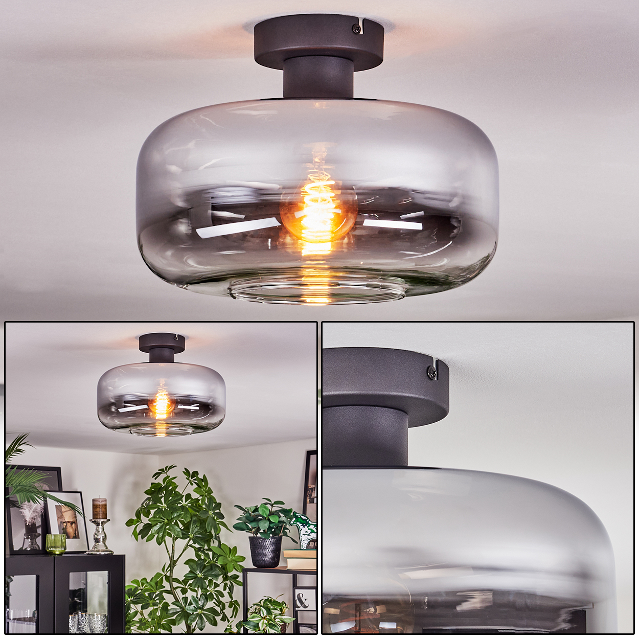Eine moderne Deckenleuchte mit Rauchglasschirm und warm leuchtender Glühbirne. Die Leuchte ist auf einem dunklen Metallsockel montiert.