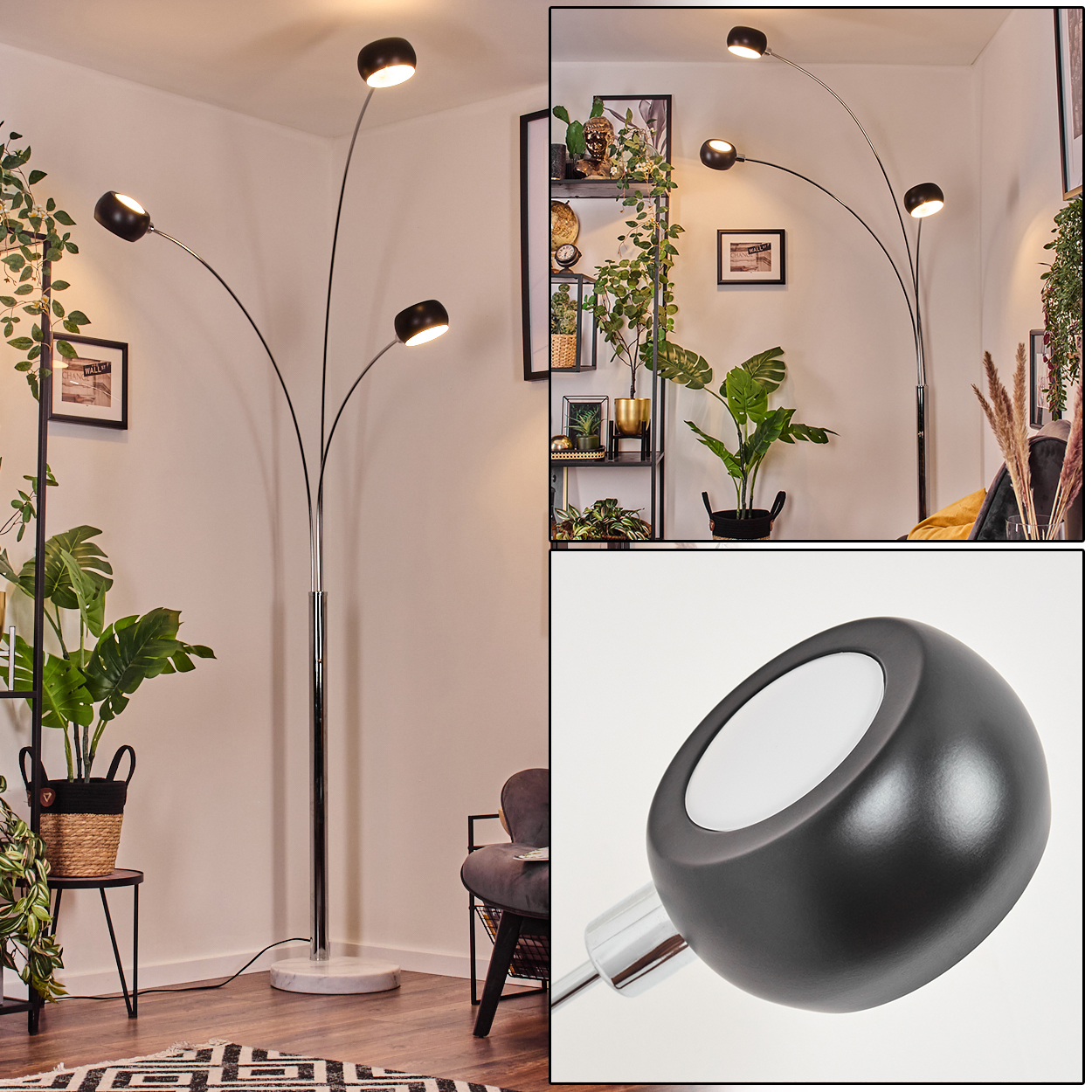Eine moderne Stehlampe mit vier schwarzen Lampenschirmen. Die Lampe steht in einem Raum mit Pflanzen, einem Stuhl und gerahmten Bildern.