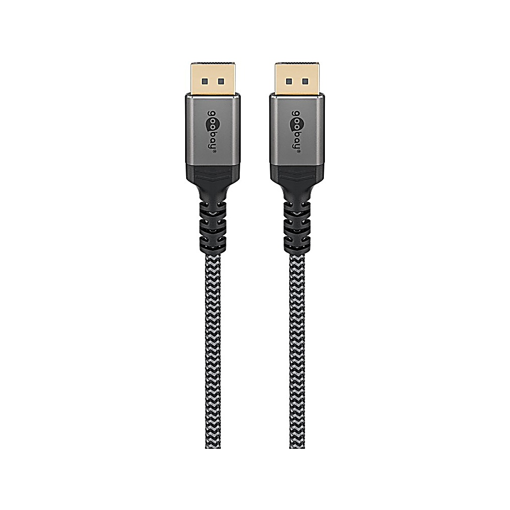 Twee goobay DisplayPort-kabels. Connectoren hebben goudkleurige contacten. De kabels zijn zwart-wit gevlochten.