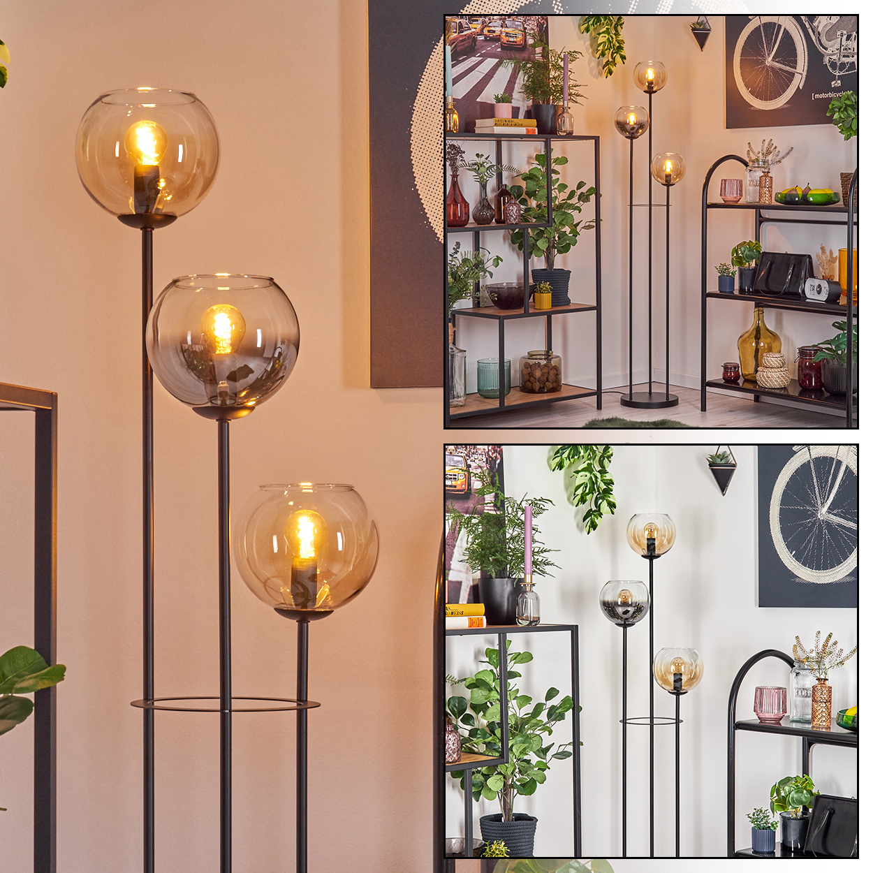 Stehlampe mit drei Lichtern und Kugelschirmen. Der Raum hat Regale mit Pflanzen und Dekoration. Kunstwerk eines Fahrradrads und einer Stadtszene.