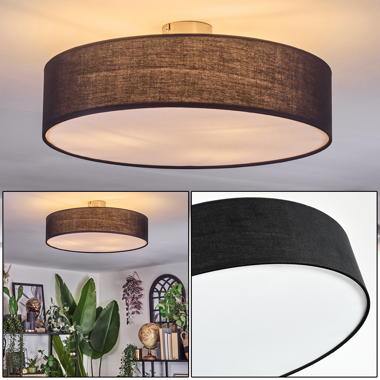 Eine dunkelgraue, runde Deckenlampe mit weißem Innenraum. Die Lampe befindet sich an einer weißen Decke. Der Hintergrund hat Pflanzen und Dekorationen.