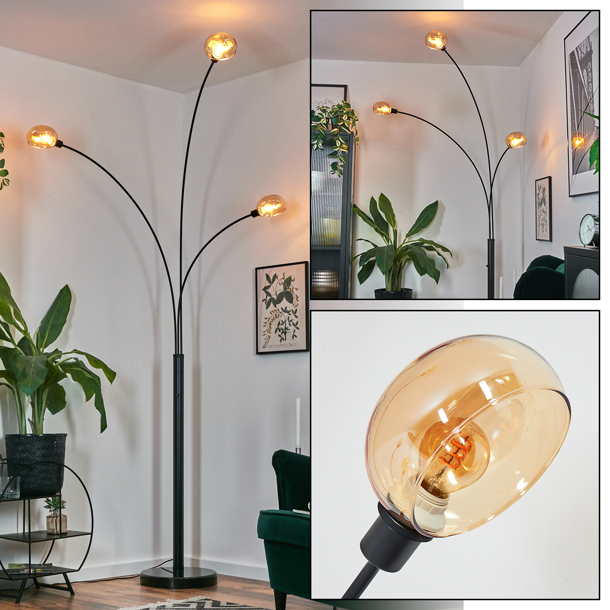 Eine moderne Stehlampe mit vier bernsteinfarbenen Glühbirnen. Sie steht in einem Raum mit Pflanzen, einem grünen Stuhl und einem Bild an der Wand.