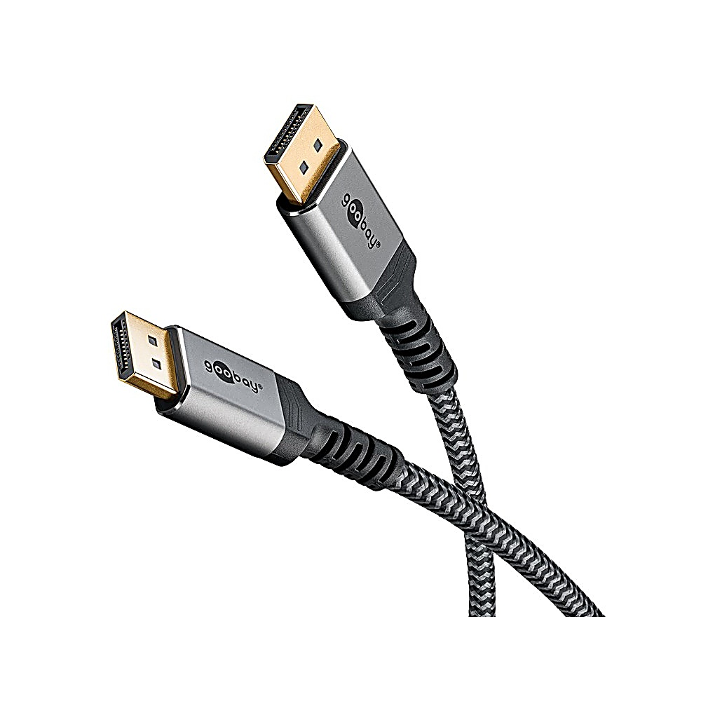 Twee goobay DisplayPort-kabels. Zilveren connectoren met gouden pinnen. Gevlochten zwart-grijze kabel. Witte achtergrond.