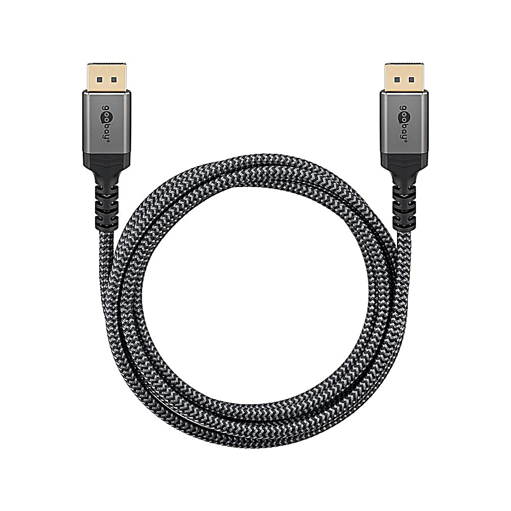Een DisplayPort-kabel met zwart-grijze gevlochten kabel, twee connectoren en het "goobay" logo aan beide uiteinden, op een witte achtergrond.