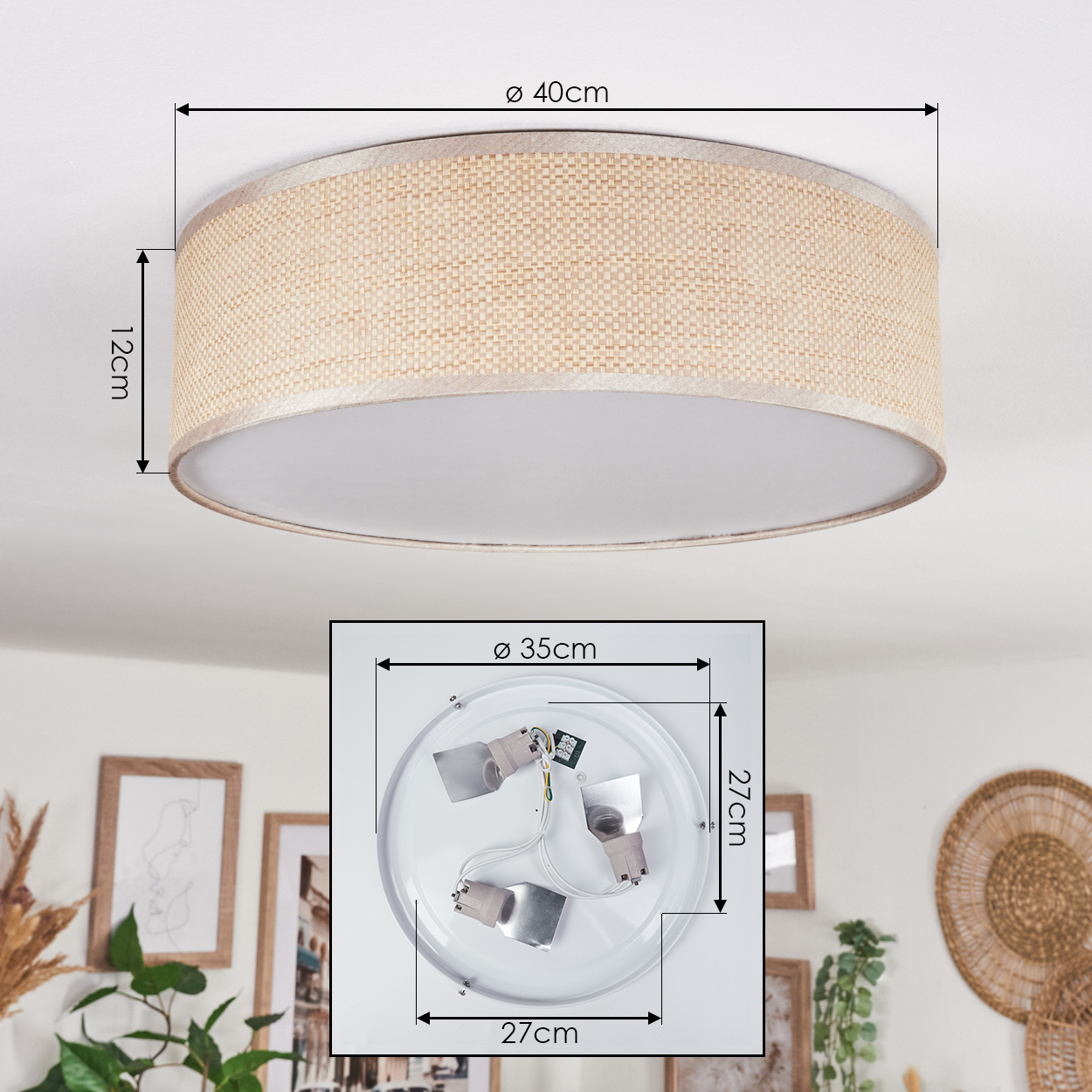 Deckenlampe mit gewebtem Schirm. Maße sind markiert. Die untere Ansicht zeigt die Innenstruktur und die Maße der Lampe.