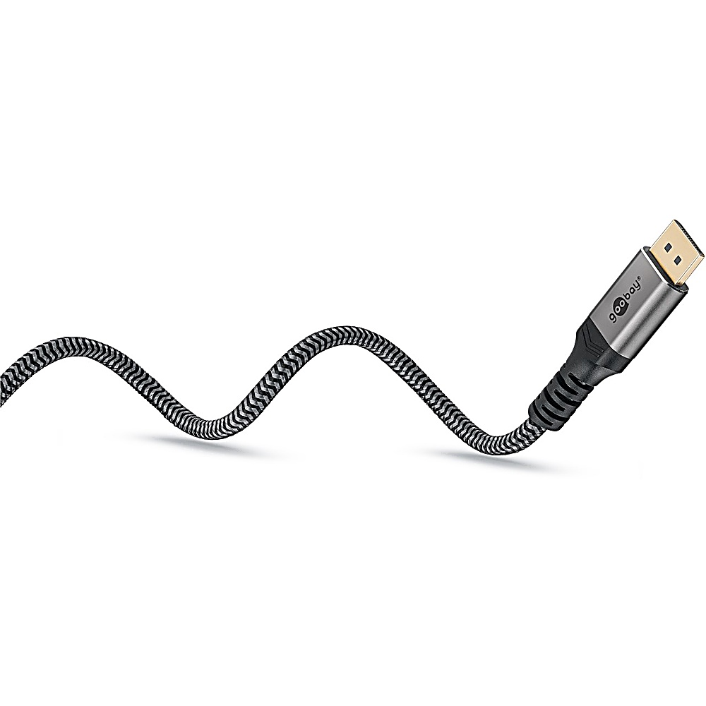 Een DisplayPort-kabel met een zwart en grijs gevlochten ontwerp. De connector is zilver met gouden pinnen. De kabel is golvend.