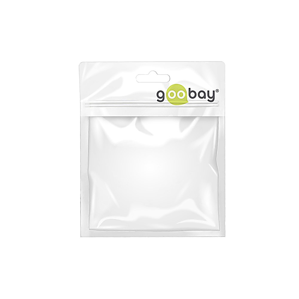 Een doorzichtige plastic goobay-zak op een witte achtergrond. De zak heeft een rits, een gat en het goobay-logo.