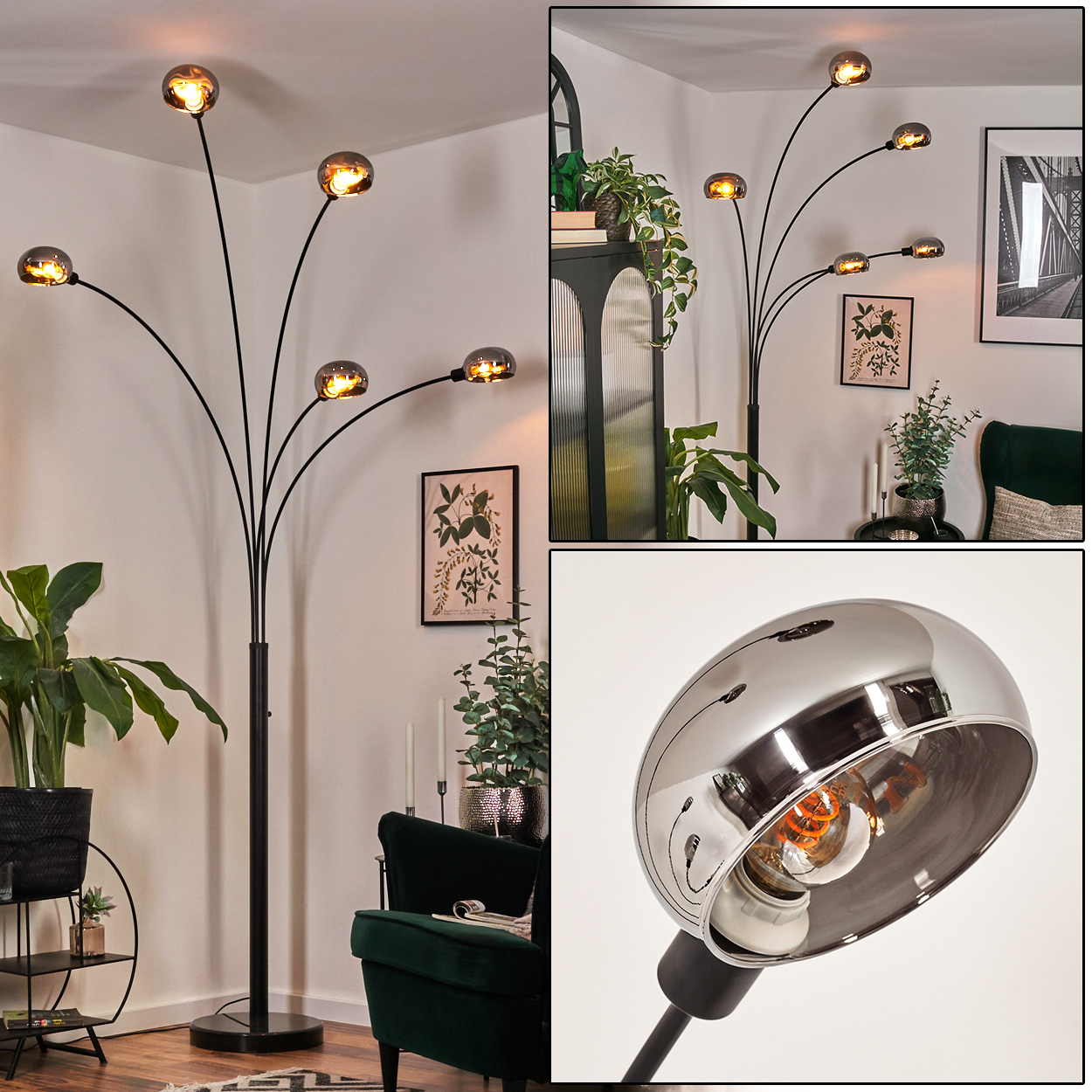 Eine moderne schwarze Stehlampe mit sechs Kugellampen. Der Raum hat Pflanzen, einen grünen Sessel und gerahmte Bilder an der Wand.