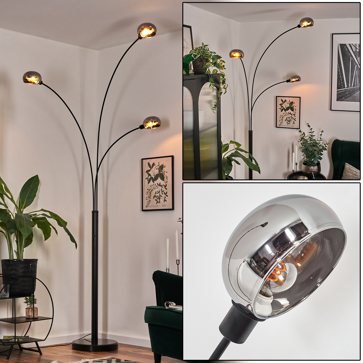 Eine moderne schwarze Stehlampe mit drei gebogenen Armen, die jeweils einen rauchigen Glasschirm halten. Der Hintergrund zeigt Dekoration und Möbel.