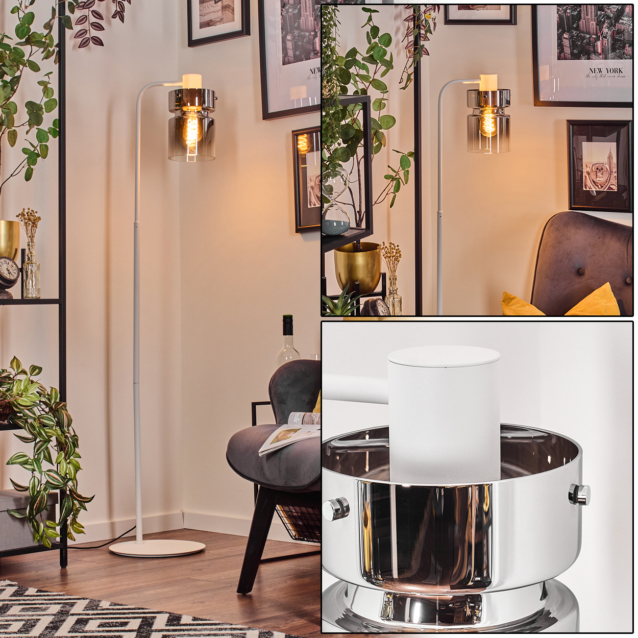 Ein modernes Wohnzimmer mit weißer Stehlampe, grauem Sessel und gerahmten Bildern an der Wand. Pflanzen und Dekoration sind vorhanden.