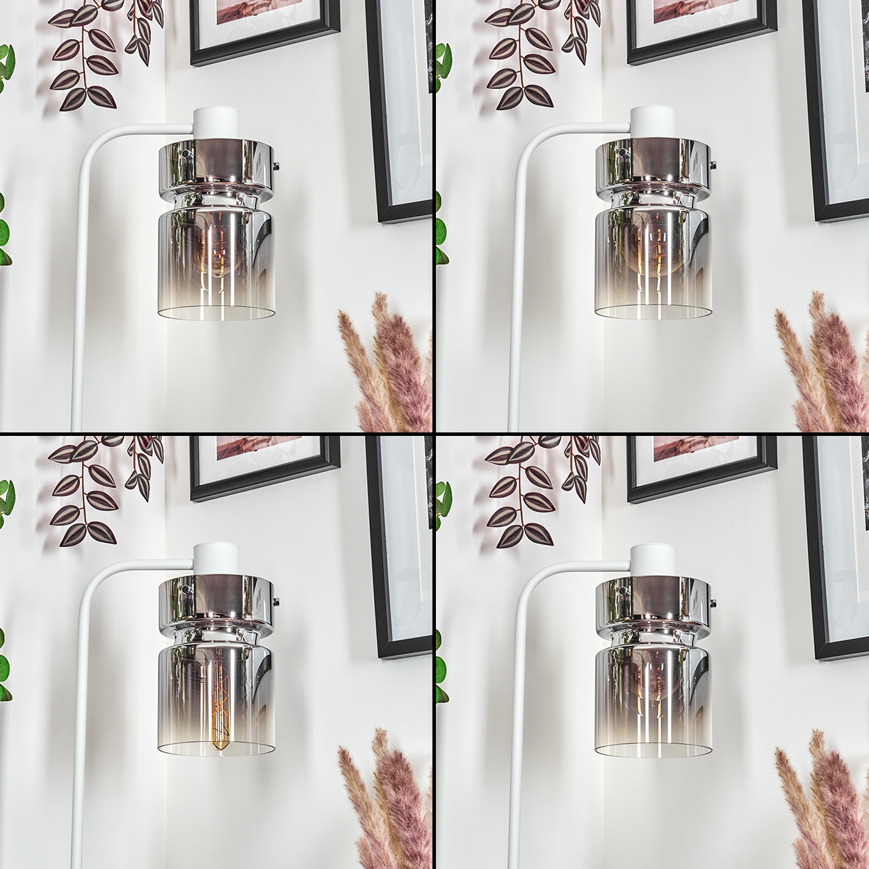 Eine moderne Lampe mit Chrom- und Glasschirm und weißem Arm. Der Hintergrund ist eine weiße Wand mit Bildern und Zierpflanzen.