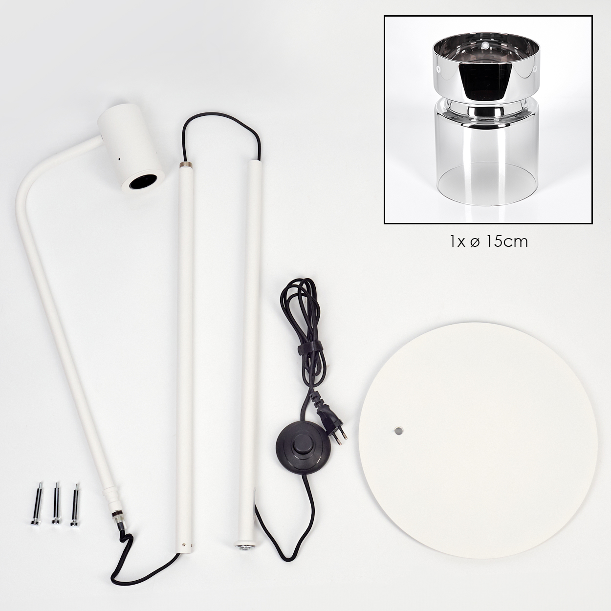 Zerlegte Teile einer weißen Stehlampe. Enthält Lampenkopf, Stangen, Sockel und Schirm. Ein kleiner Ausschnitt zeigt den Lampenschirm.