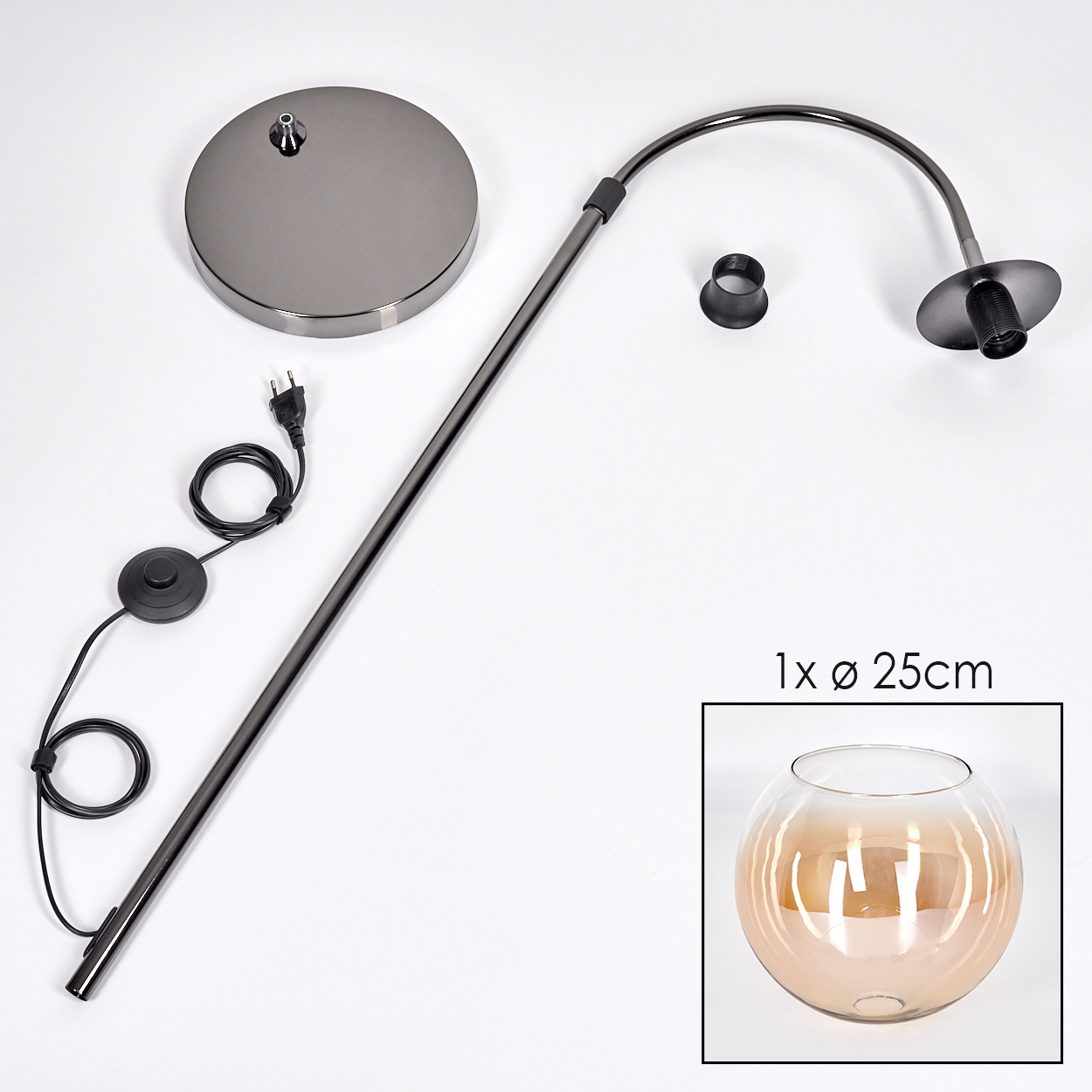 Zerlegte Stehlampe mit Fuß, gebogenem Arm, Glasschirm und Netzkabel. Eine Glasschale wird in einer Box gezeigt.