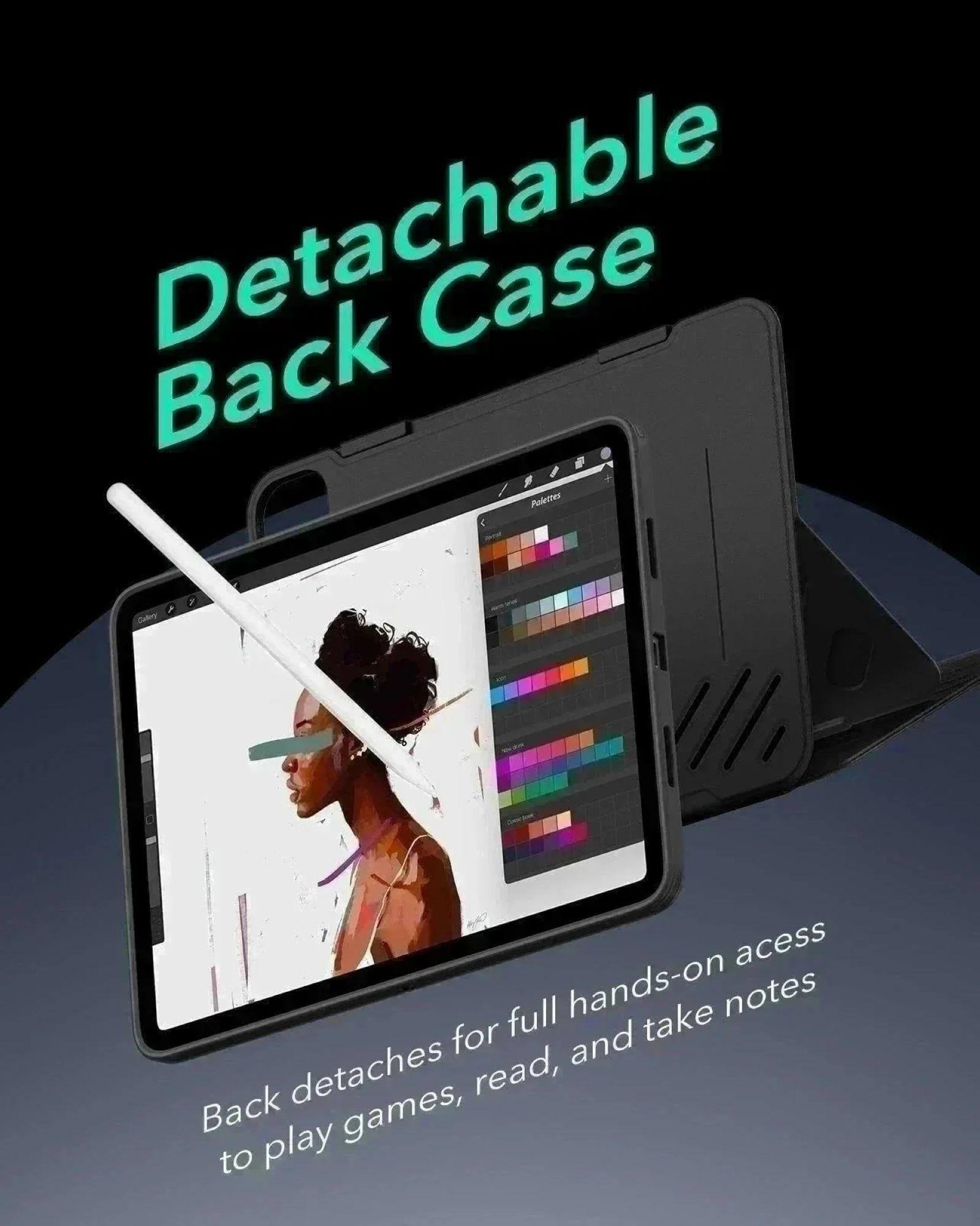 Ein iPad mit abnehmbarer Rückseite. Ein Stift schwebt über dem Bildschirm und zeigt eine Zeichnung. Text: 'Abnehmbare Rückseite'.