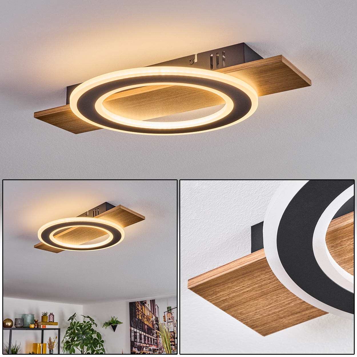 Eine moderne Deckenlampe mit kreisförmigem Licht und Holzakzenten. Sie ist an einer weißen Decke befestigt. Das Design ist modern.