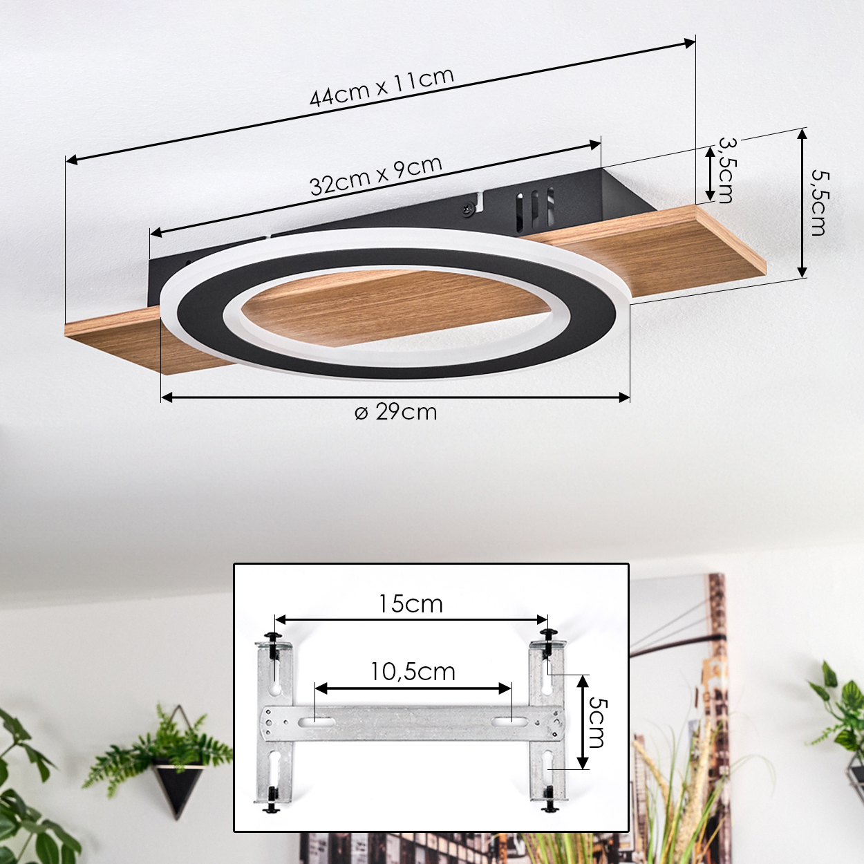 Moderne Deckenleuchte mit Maßangaben. Enthält eine Halterung und Details des Leuchtendesigns.