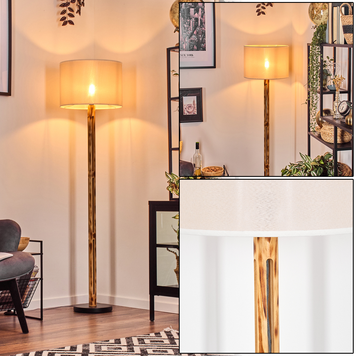 Eine beleuchtete Stehlampe mit beigem Lampenschirm steht in einem Raum. Ein schwarz-weißer Teppich und ein dunkler Schrank sind sichtbar.