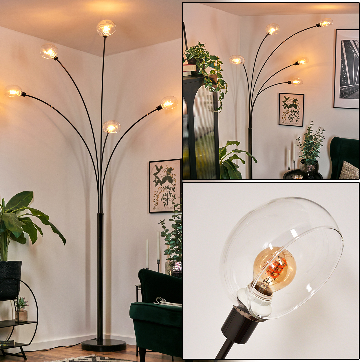 Eine moderne Stehlampe mit sechs Glühbirnen, jeweils in einer klaren Kugel. Sie steht in einem Raum mit Pflanzen, einem grünen Stuhl und gerahmter Kunst.