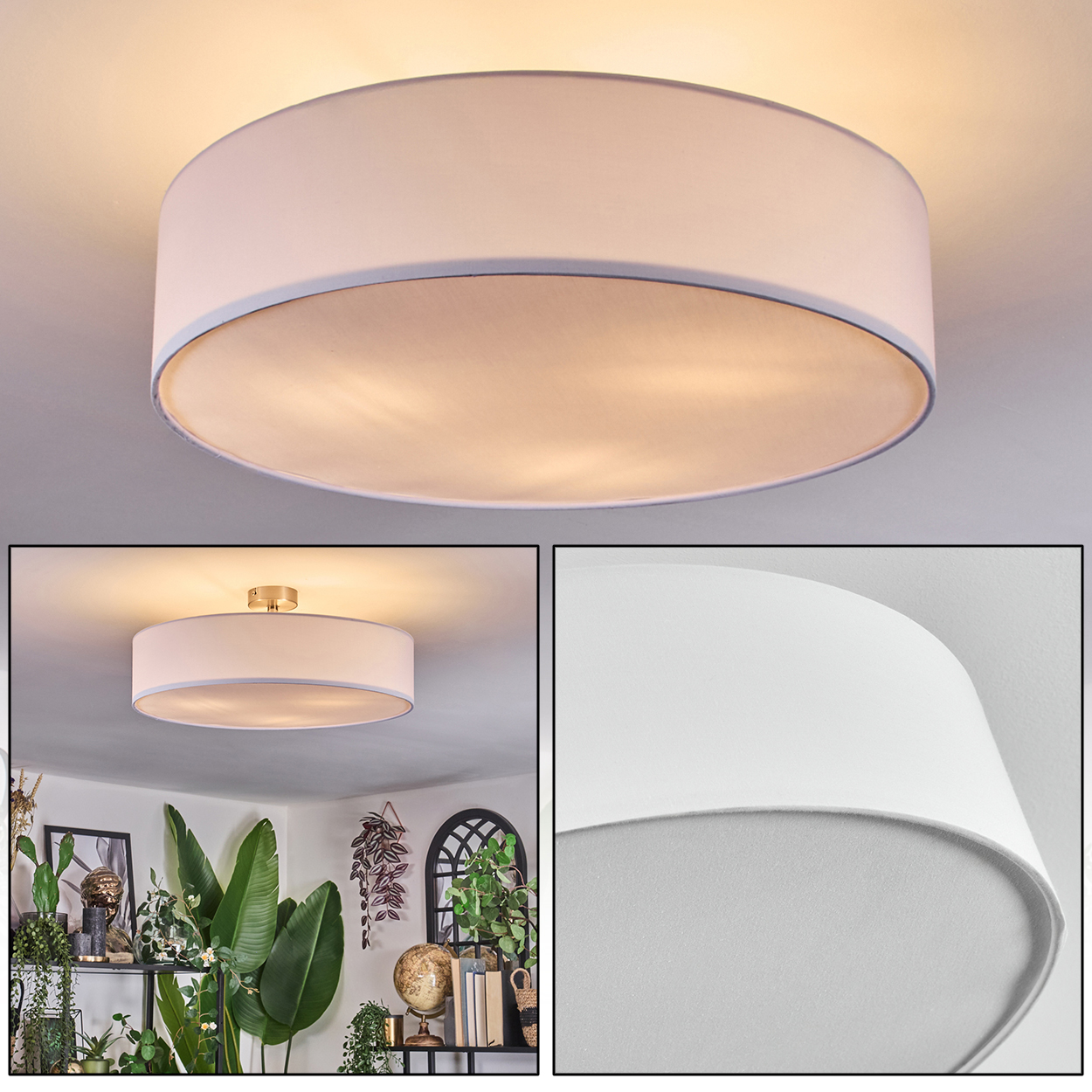 Eine weiße, runde Deckenleuchte ist das Hauptelement. Darunter befinden sich drei Bilder: eines der Lampe und zwei Nahaufnahmen.